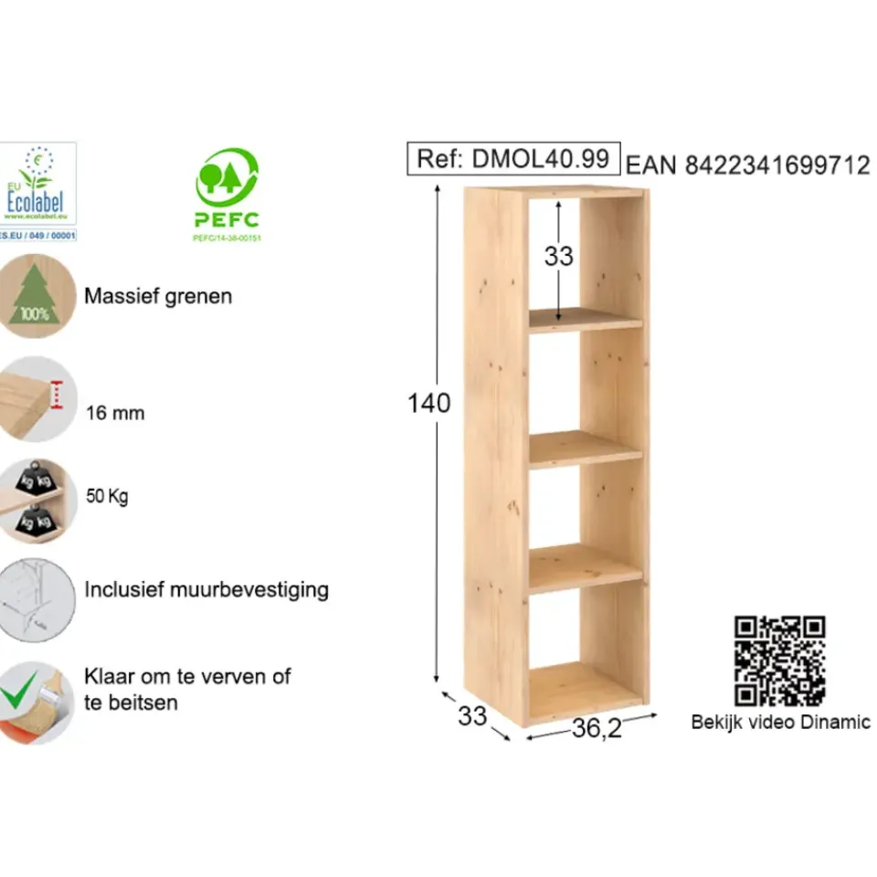Astigarraga Dinamic Vakkenkast open - 4 vakken - PEFC grenen - 140x36cm Outlet