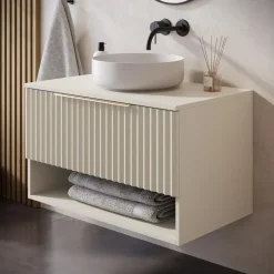 Badplaats Wastafelkast Kelo 80 cm - Beige - Badmeubel met 1 Lade en Open Vak Best