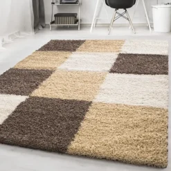 Muratap Basic Shaggy Geblokt vloerkleed Bruin / Beige Hoogpolig - 200x290 CM Best