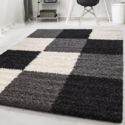 Muratap Basic Shaggy Geblokt vloerkleed Zwart / Wit Hoogpolig - 160x230 CM Outlet