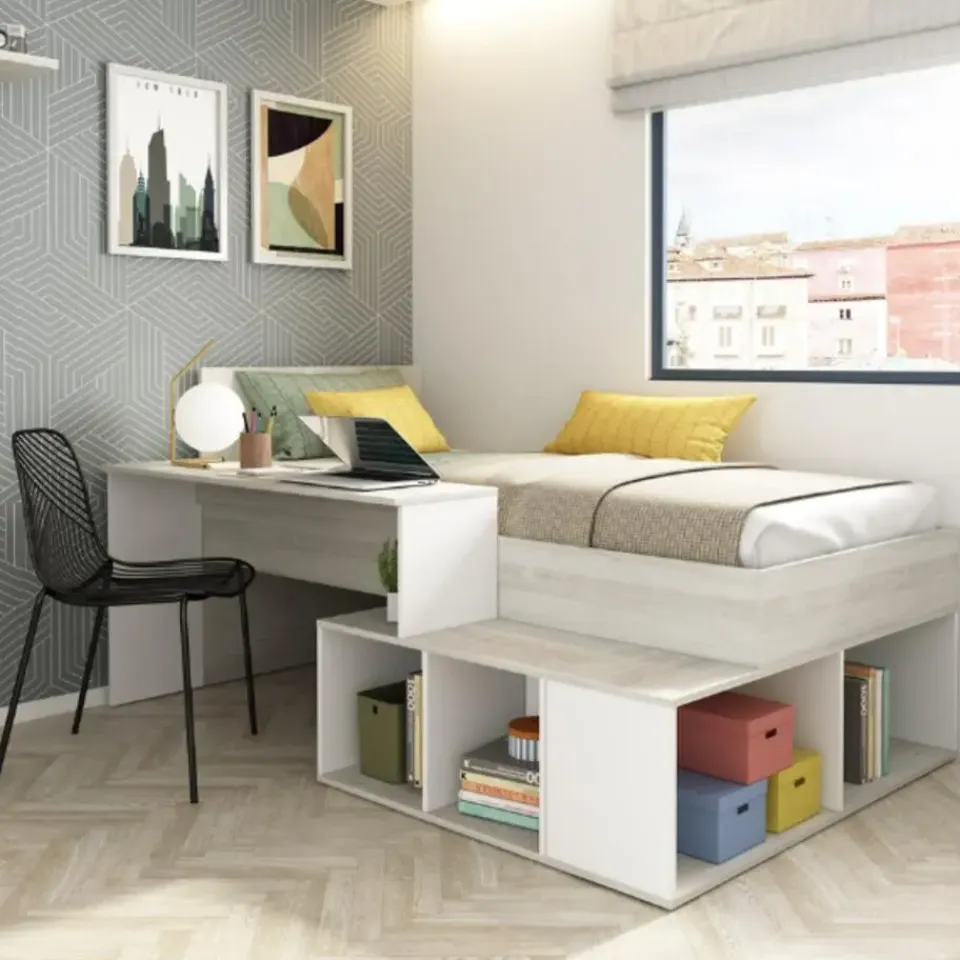 Trasman Bed Quinn 90x200 cm met bureau en opbergruimte - grenen/ wit New