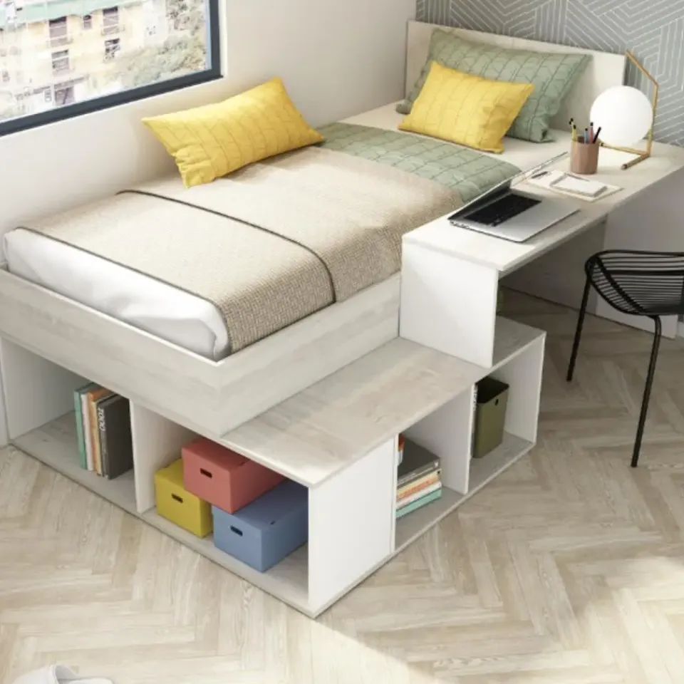 Trasman Bed Quinn 90x200 cm met bureau en opbergruimte - grenen/ wit New