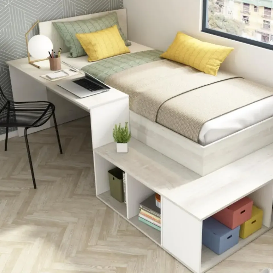 Trasman Bed Quinn 90x200 cm met bureau en opbergruimte - grenen/ wit New