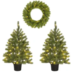 Black Box Trees Nagoya Set van 2 Kerstbomen en 1 Krans - H90 x Ø45 cm New