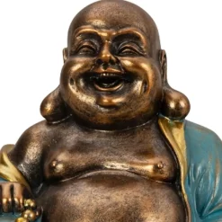 Merkloos Boeddha beeld Happy Shaman - kunststeen - goud/jade - 22 x 23 cm