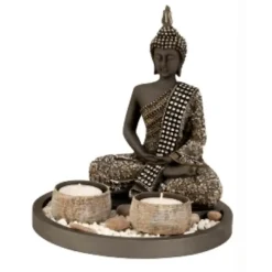 Merkloos Boeddha beeldje - kaarshouders - schaal - goud/zwart - 18 x 21 cm Hot
