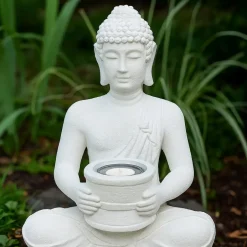 Merkloos Boeddha beeldje - Solar lamp - wit - polystone tuindecoratie - 28 cm Discount