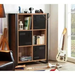 Emob Boekenkast Sapphire - 89x35x127cm - 3 deuren - zwart metaal/eikdecor Clearance