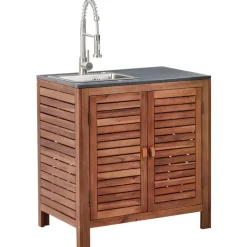 Leen Bakker BRUCOLI - Buitenkeukenkast met spoelbak - Bruin/Zilver - Acaciahout Clearance