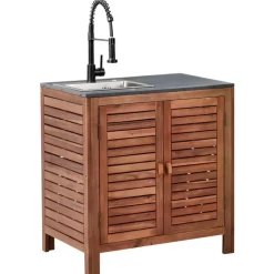 Leen Bakker BRUCOLI - Buitenkeukenkast met spoelbak - Bruin/Zwart - Acaciahout Sale
