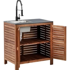 Leen Bakker BRUCOLI - Buitenkeukenkast met spoelbak - Bruin/Zwart - Acaciahout Sale
