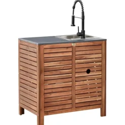 Leen Bakker BRUCOLI - Buitenkeukenkast met spoelbak - Bruin/Zwart - Acaciahout Sale