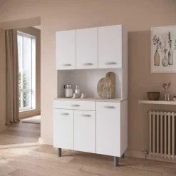 CBA Buffetkast Pavel 185cm hoog - mat wit/acacia met werkblad