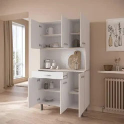 CBA Buffetkast Pavel 185cm hoog - mat wit/acacia met werkblad