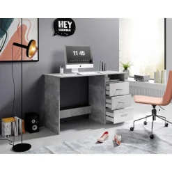 Emob Bureau Adriano 123cm met 3 lades - beton/wit Outlet