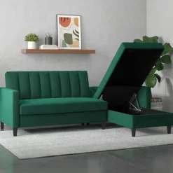 Dorel Home Celine - 3-zits hoekslaapbank met opbergruimte in donkergroen fluweel Sale