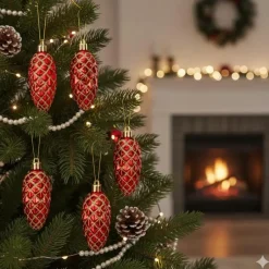 Inge-glas Christmas goods Kersthangers - 6x - dennenappels - rood - 9 cm Best