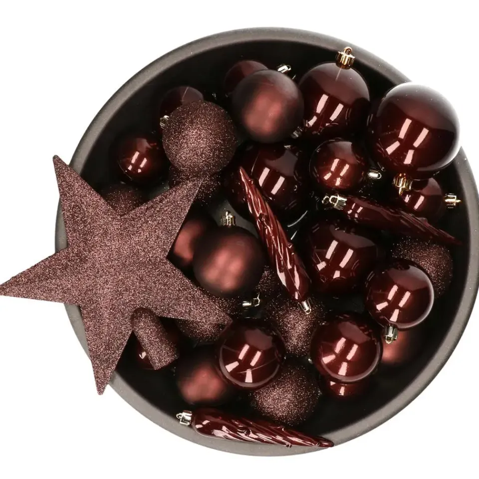 Decoris kerstballen - 34-dlg - mahonie bruin - kunststof Sale