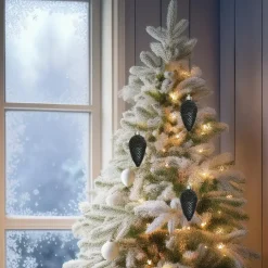 Decoris Kersthangers dennenappels - 6x - zwart - glitter - 8 cm New