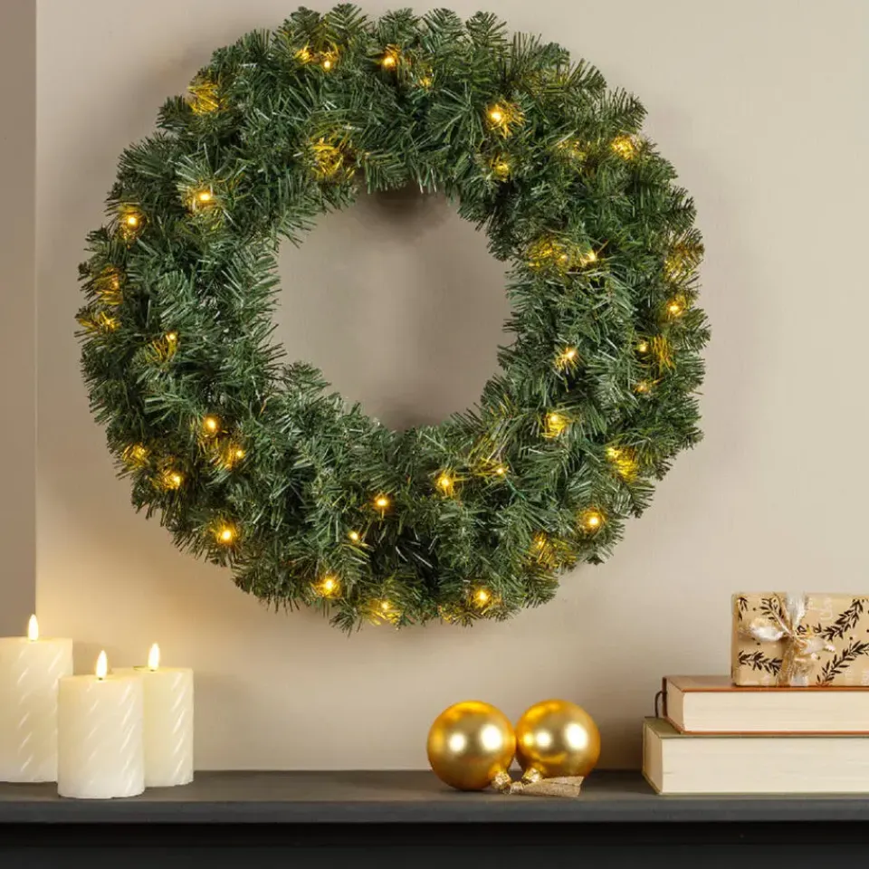 Decoris Kerstkrans - groen - warm verlichting - timer - 60 cm Outlet