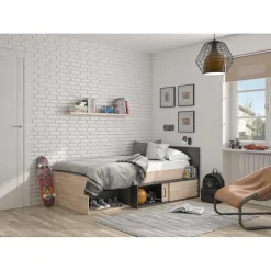 DIAGONE Bed Erquy - Opbergvakken - 90x200cm - Zwart/Eikenkleur Online