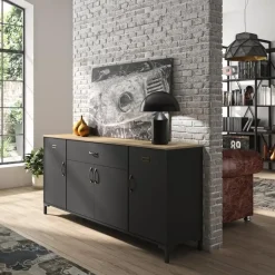 DIAGONE Dressoir Manchester - 82x40x180cm - Zwart/Eikenkleur