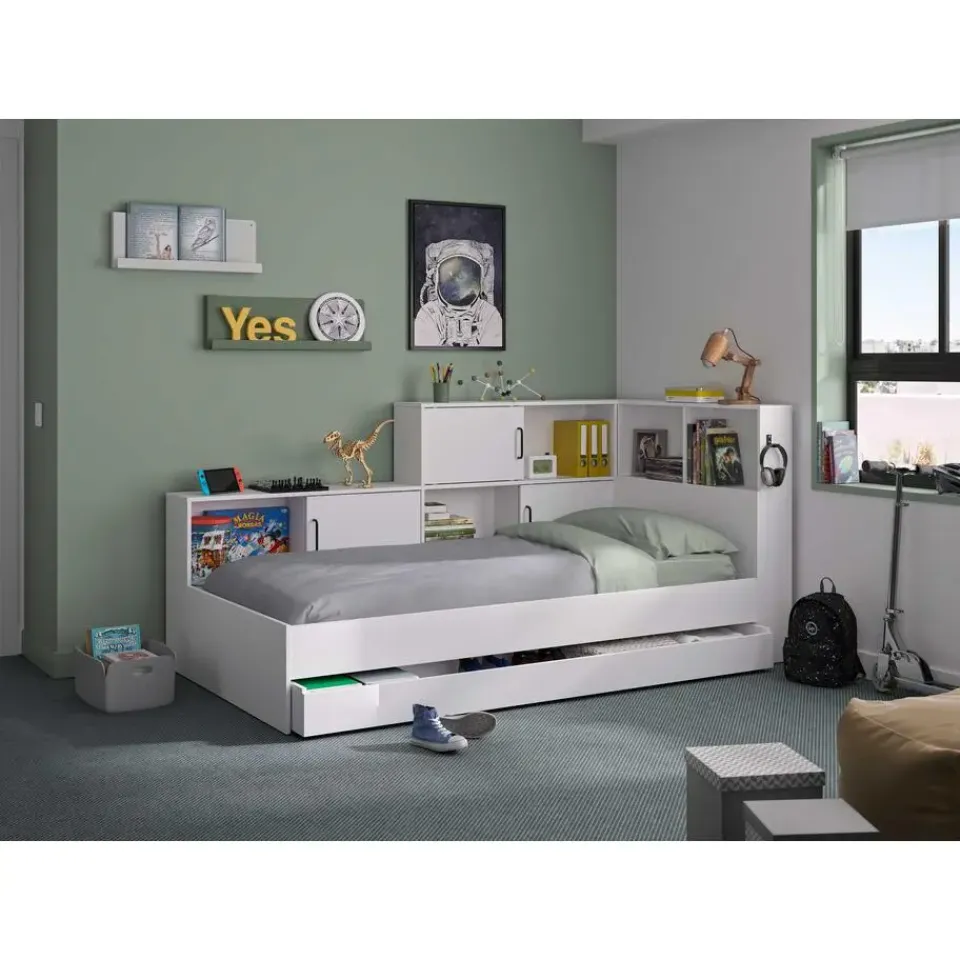 DIAGONE Tienerbed met bedlade en opbergruimte Erwan - 90 x 200 cm - Wit New