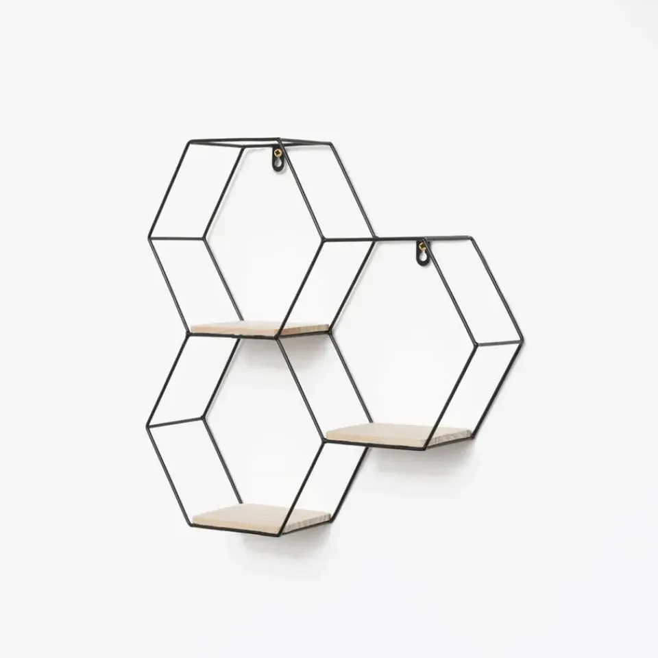 IVOL Driedubbel zeshoekig metalen wandrek met 3 houten plankjes - 40,5x41 cm - Zwart