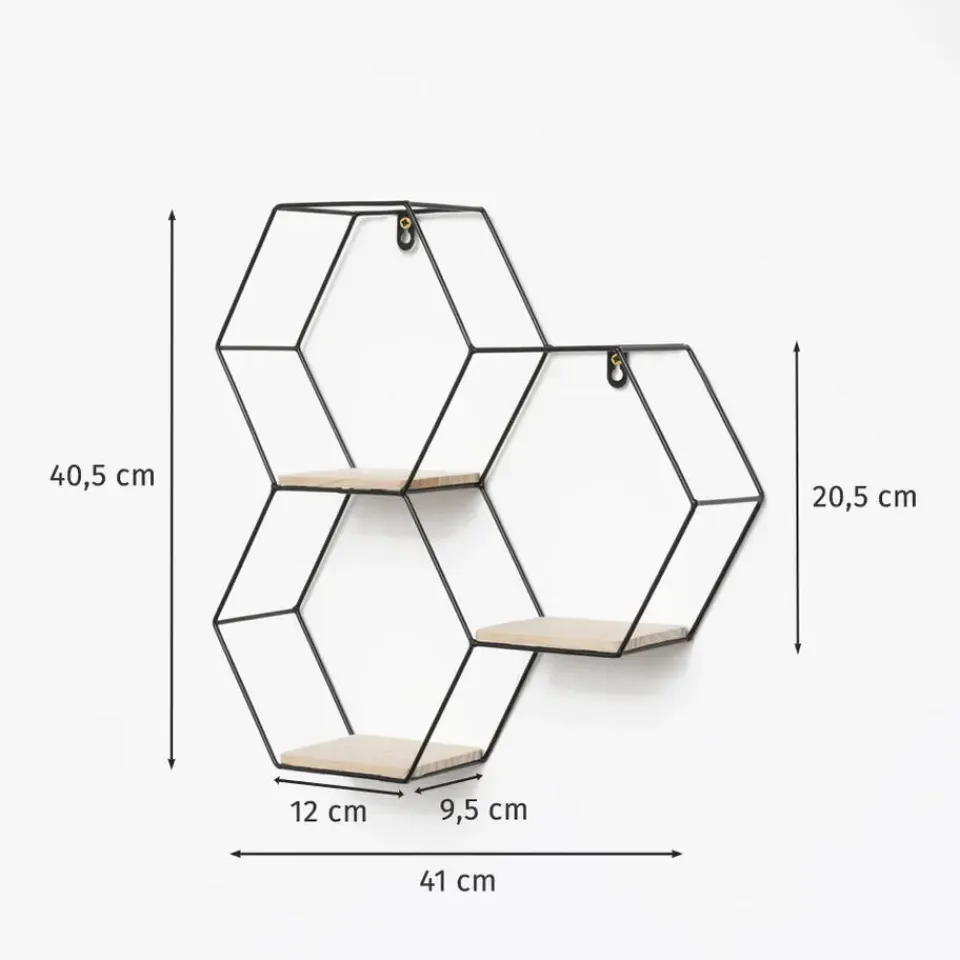 IVOL Driedubbel zeshoekig metalen wandrek met 3 houten plankjes - 40,5x41 cm - Zwart