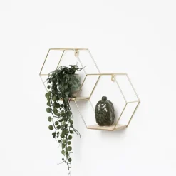 IVOL Dubbel zeshoekig metalen wandrek met 2 houten plankjes - 30,5x41 cm - Goud Discount