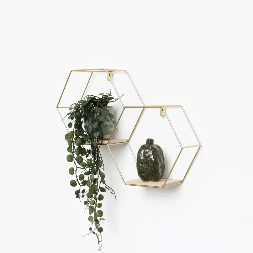 IVOL Dubbel zeshoekig metalen wandrek met 2 houten plankjes - 30,5x41 cm - Goud Discount