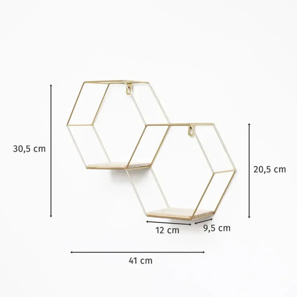 IVOL Dubbel zeshoekig metalen wandrek met 2 houten plankjes - 30,5x41 cm - Goud Discount