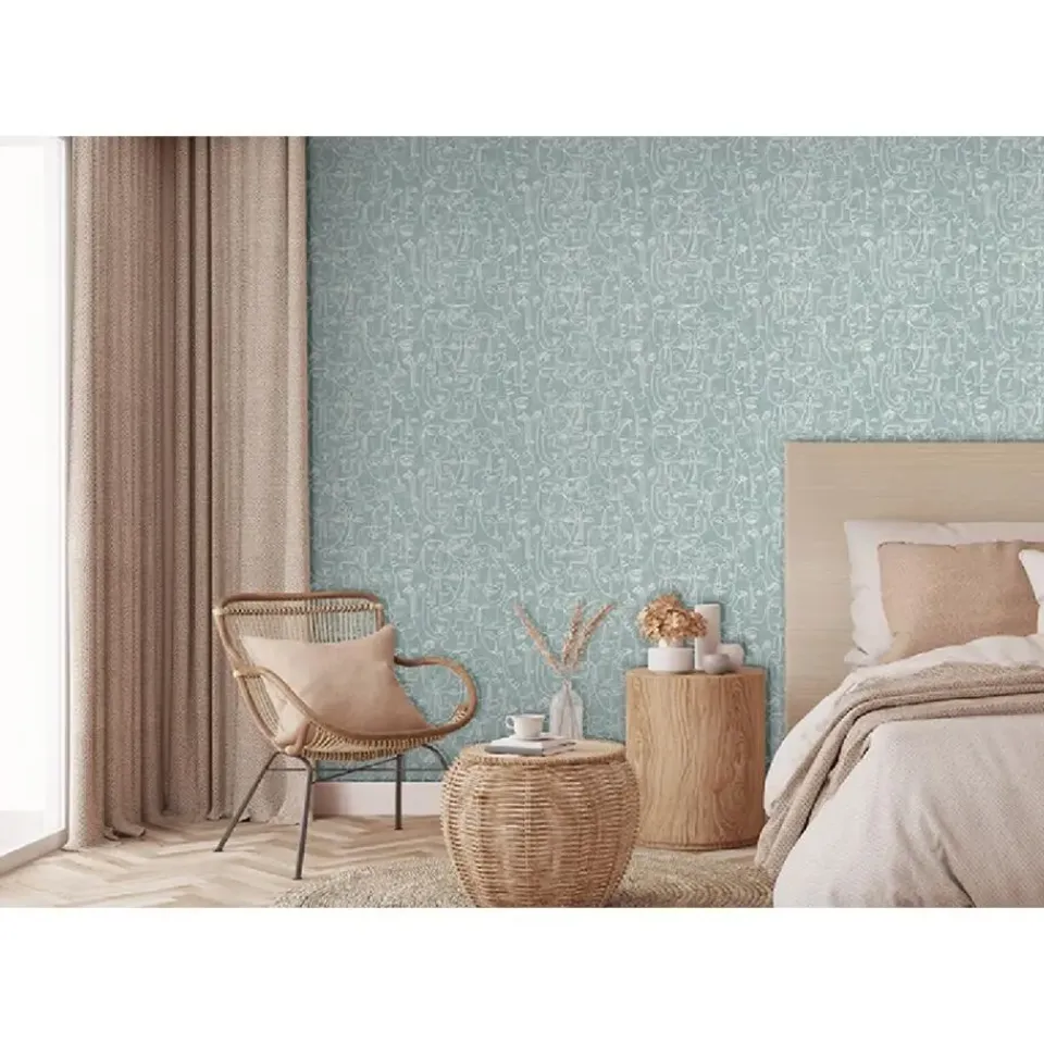 Dutch Wallcoverings - Arty Faces blauwgroen/wit - 0,53x10,05m Hot
