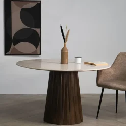 Giga Meubel Eettafel Rond Ø150cm - Donkerbruin Marmer/Mangohout - Faiza