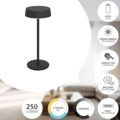 EGLO Simeri Tafellamp Buiten - Solar - 31 cm - Zwart - Oplaadbaar New