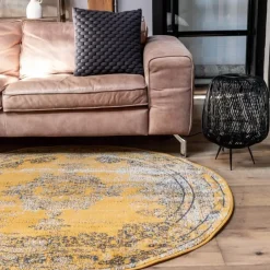 Eva Interior rond vintage Vloerkleed Bloom geel - 100 x 100 cm Hot