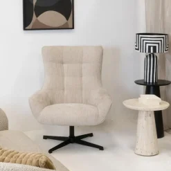 Livingfurn Fauteuil Stof Beige - Draaibaar - Zitdiepte 53cm - 53x53x99cm Discount