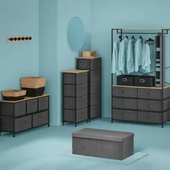 5five Opbergkast - 3x mand - 43x30x73cm - hout/stof donkergrijs New