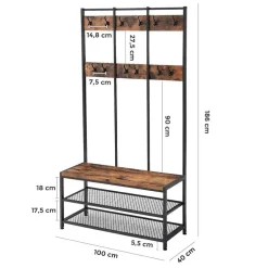 Merkloos Garderoberek XL - industriële look - 12 haken - 100x186x40 cm - vintage bruin Outlet