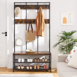 Merkloos Garderoberek XL - industriële look - 12 haken - 100x186x40 cm - vintage bruin Outlet