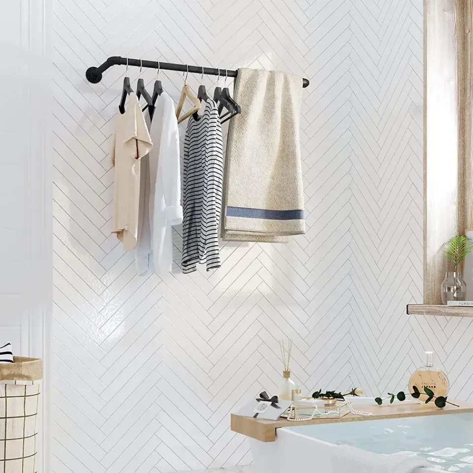 ACAZA Garderobeset van 2, Wandrek, Kledingrek tot 50 kg Draagvermogen, Zwart Clearance