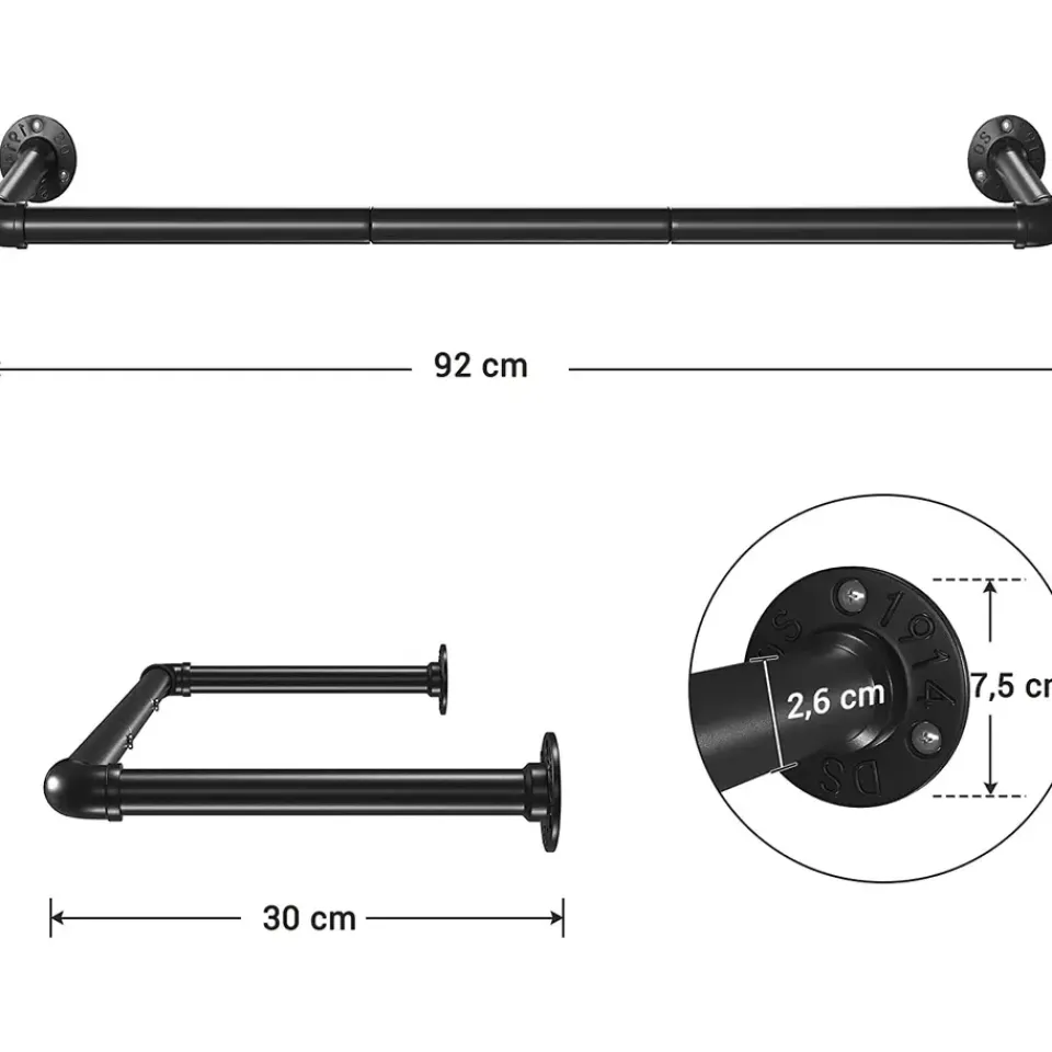 ACAZA Garderobeset van 2, Wandrek, Kledingrek tot 50 kg Draagvermogen, Zwart Clearance