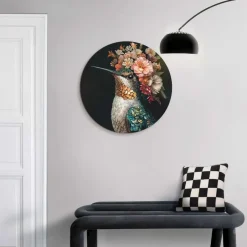 Reinders Glasschilderij Kolibrie met bloemenkroon - Ø 50cm - Bont