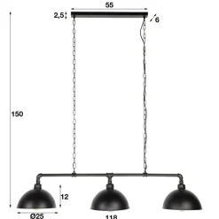 Dimehouse Hanglamp industrieel Abby 3-lichts buis zwart - 25x118x150 cm - Zwart - Zwart Hot