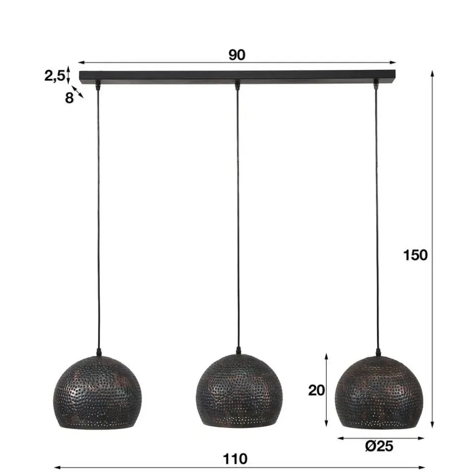 Dimehouse Hanglamp industrieel Aya 3-lichts zwart bruin 25x110x150 cm Zwart bruin Discount