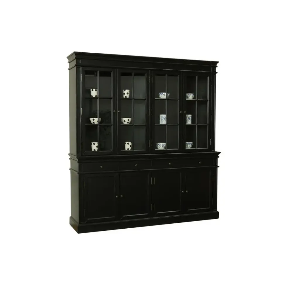 Hioshop Amaretta vitrinekast 4 deuren- zwart antiek gepatineerd Breedte 186 Outlet