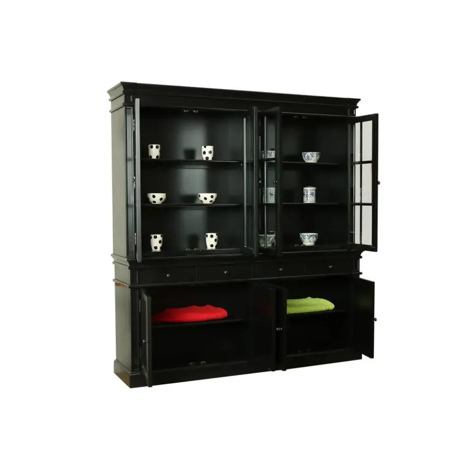Hioshop Amaretta vitrinekast 4 deuren- zwart antiek gepatineerd Breedte 186 Outlet