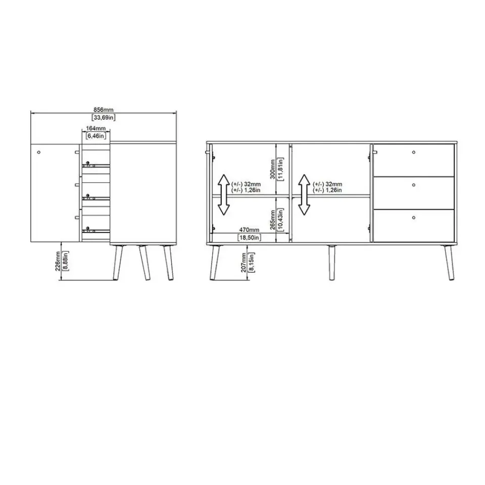 Hioshop Bodo dressoir 2 deuren- 3 lades matgrijs Discount