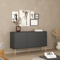 Hioshop Bodo dressoir 2 deuren- 3 lades matgrijs Discount