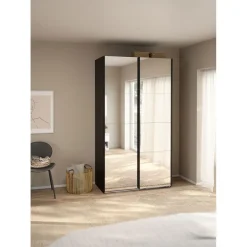 Hioshop Catania schuifdeurkast 2 deuren met spiegel 120x220cm mat zwart Clearance